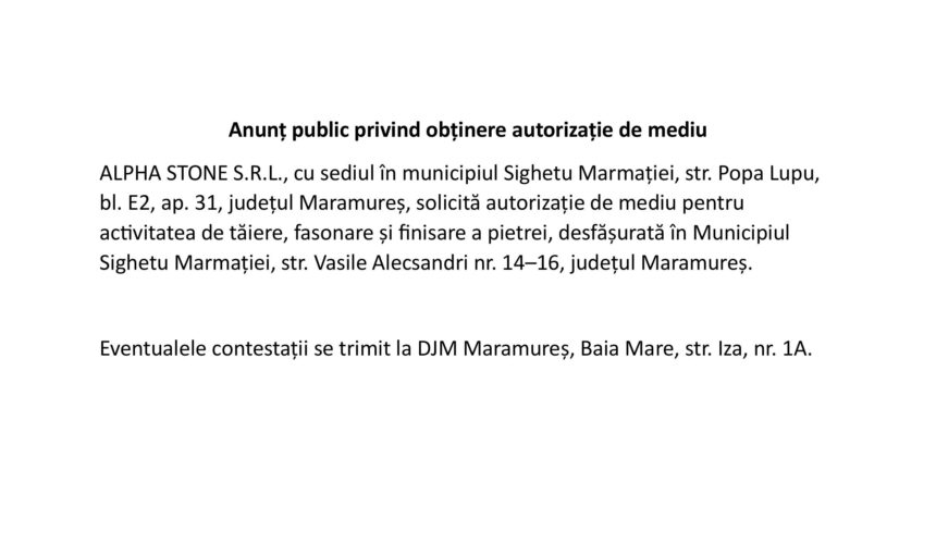 anunt public privind obtinere autorizatie de mediu 6ac7aa851e49f